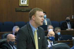 Alaska Republican state Rep. David Eastman speaks on the floor of the Alaska House on Monday, Jan. 31, 2022, in Juneau, Alaska. The Alaska House tabled action Monday on a proposal to remove from legislative committees Eastman, who has said he joined the Oath Keepers far-right organization years ago. The House Committee on Committees voted 5-2 to remove Republican Rep. Eastman of Wasilla from his committee assignments, said Joe Plesha, communications director for the Houses bipartisan majority. (AP Photo/Becky Bohrer)
