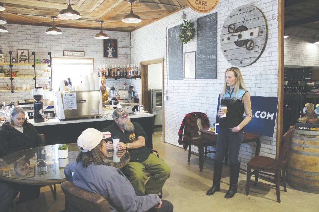 Ashlyn OHara / Peninsula Clarion
Kelly Tshibaka addresses members of the community at Nikiski Hardware & Supply on April 9, 2021.