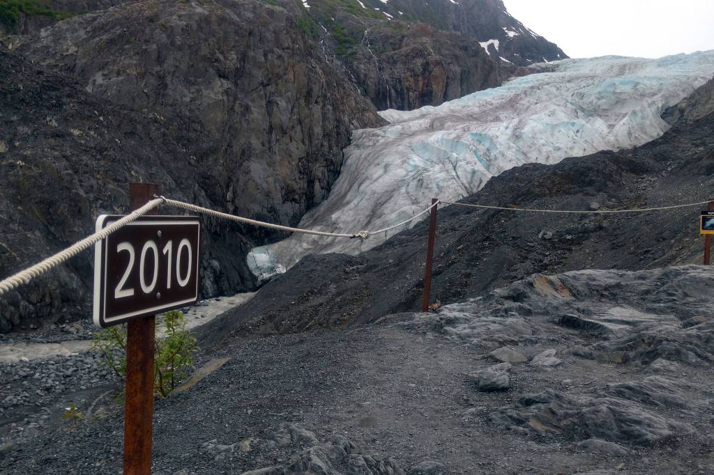 A sign marks the location of the Exit Glacier toe as of 2010, photographed on June 22, 2018, in Kenai Fjords National Park near Seward. The glacier has receded so much the National Park Service is reconceiving its management plan. (Photo by Erin Thompson/Peninsula Clarion)