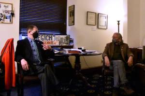 Senators Jesse Kiehl, D-Juneau, and Tom Begich, D-Anchorage, spoke with reporters in Begichs office at the Alaska State Capitol on Monday, Feb. 7, 2022, about their thoughts on the current legislative session. The senators said there were reasons to be optimistic about meaningful progress even with the full plate before the Legislature. (Peter Segall / Juneau Empire)