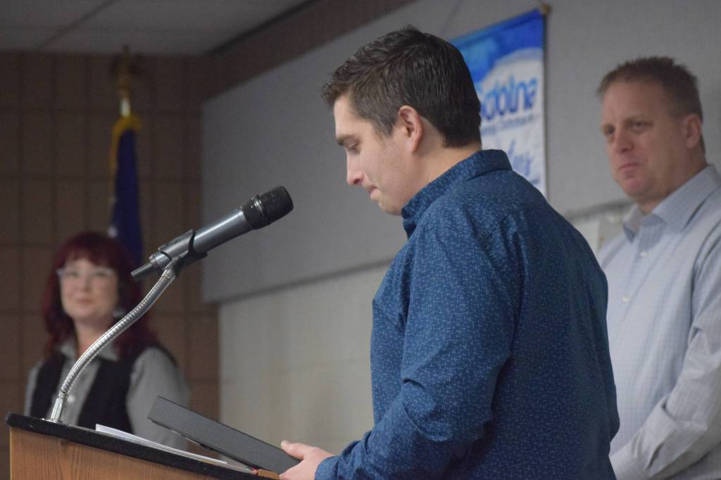 Justin Ruffridge accepts the Soldotna Chamber of Commerces person of the year award for his pandemic response work at Soldotna Professional Pharmacy.