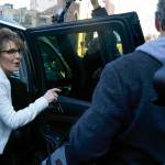 Sarah Palin responds to reporters after leaving the courthouse in New York, Thursday, Feb. 10, 2022. Former Alaska Gov. Sarah Palin told a jury Thursday she felt like she was at the mercy of a “Goliath” when she first learned a 2017 New York Times editorial suggested her campaign rhetoric helped incite a mass shooting.(AP Photo/Seth Wenig)