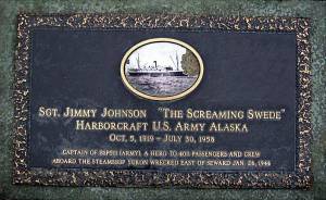 This is the memorial plaque that since 2001 has adorned the grave of James William Johnson, also known as The Screaming Swede. Photo courtesy of Peggy Arness.