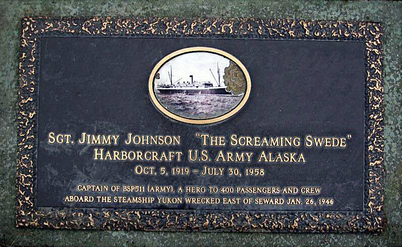 This is the memorial plaque that since 2001 has adorned the grave of James William Johnson, also known as The Screaming Swede. Photo courtesy of Peggy Arness.
