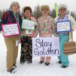 Photos by Jeff Helminiak / Peninsula Clarion 
Heather Rinke, RaChelle Gruenberg, Sara Bundy and Becky Hart won best costume for Golden Girls at the Ski for Women on Sunday at Tsalteshi Trails just outside of Soldotna. Below, Katrina Olson leads a pack of skiers at the Ski for Women on Sunday.