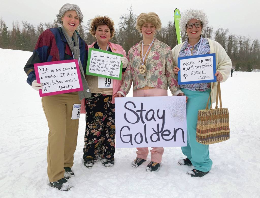 Photos by Jeff Helminiak / Peninsula Clarion 
Heather Rinke, RaChelle Gruenberg, Sara Bundy and Becky Hart won best costume for Golden Girls at the Ski for Women on Sunday at Tsalteshi Trails just outside of Soldotna. Below, Katrina Olson leads a pack of skiers at the Ski for Women on Sunday.
