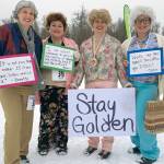 Heather Rinke, RaChelle Gruenberg, Sara Bundy and Becky Hart won best costume for "Golden Girls" at the Ski for Women on Sunday, Feb. 13, 2022, at Tsalteshi Trails just outside of Soldotna, Alaska. (Photo by Jeff Helminiak/Peninsula Clarion)