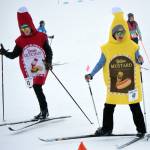 Chelsea Wingard and Cherie Taylor ski at the Ski for Women on Sunday, Feb. 13, 2022, at Tsalteshi Trails just outside of Soldotna, Alaska. (Photo by Jeff Helminiak/Peninsula Clarion)