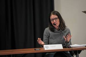 Dr. Anne Zink, Alaska's chief medical officer, addresses reporters during a Wendesday, March 25, 2020 press conference in the Atwood Building in Anchorage, Alaska. (Photo courtesy Office of the Governor)