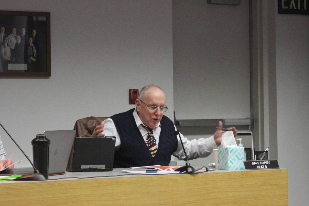 Soldotna City Council member Dave Carey speaks during a meeting of the Soldotna City Council on Wednesday, Feb. 23, 2022 in Soldotna, Alaska. (Ashlyn OHara/Peninsula Clarion)