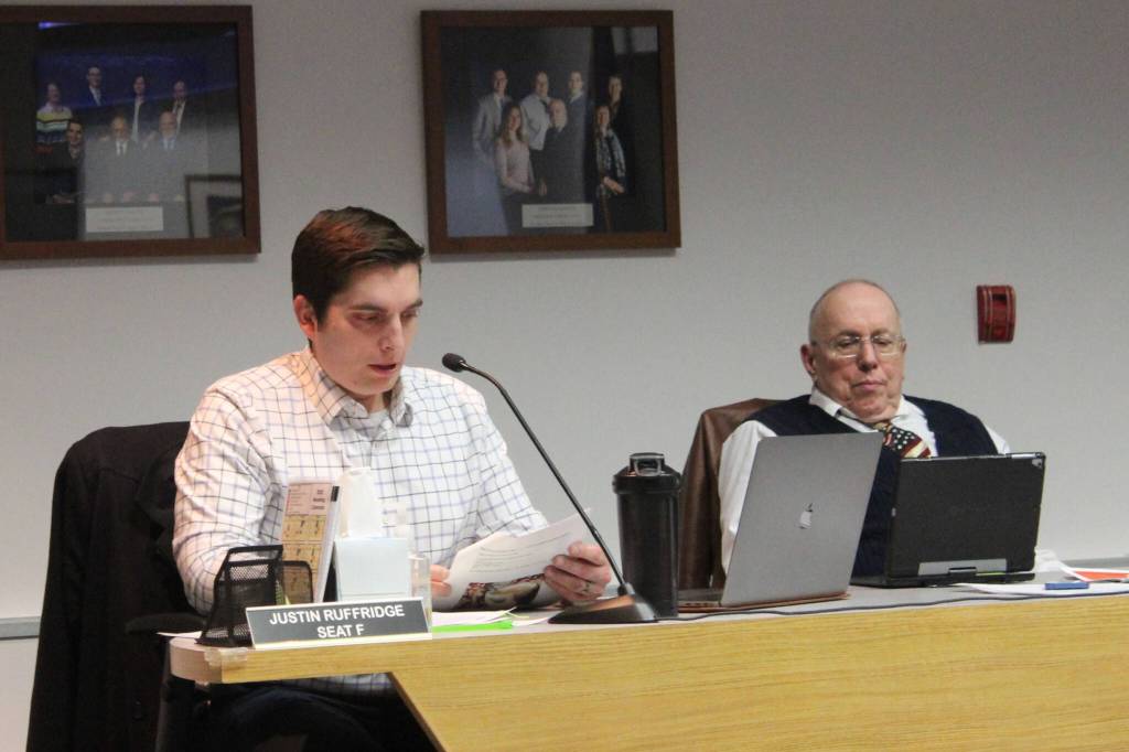 Soldotna City Council member Justin Ruffridge speaks during a meeting of the Soldotna City Council on Wednesday, Feb. 23, 2022 in Soldotna, Alaska. (Ashlyn OHara/Peninsula Clarion)