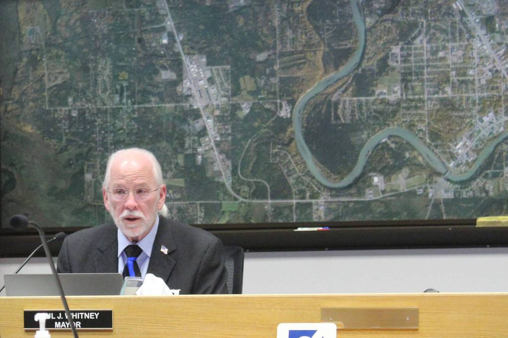 Soldotna Mayor Paul Whitney speaks during a meeting of the Soldotna City Council on Wednesday, Feb. 23, 2022 in Soldotna, Alaska. (Ashlyn OHara/Peninsula Clarion)