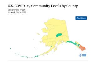 A map of COVID-19 Community Levels by county show the Kenai Peninsula have a medium community level on Friday, Feb. 24, 2022. (CDC.gov)