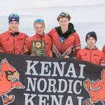 Kenai Centrals Ben Boersma, Tyler Hippchen, Jack Laker, George Wright, Zane Tews and Greg Fallon celebrate the teams Division II championships at the state ski meet Saturday, Feb. 26, 2022, in Fairbanks, Alaska. (Photo provided)