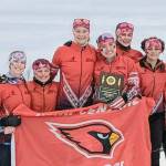 Kenai Centrals Audrey Larson, Betsy Moffett, Madison McDonald, Emily Moss, Gabriella Tews, Leah Fallon, Summer Foster and Jayna Boonstra celebrate a Division II championship, academic award and sportsmanship award Saturday, Feb. 26, at the state ski meet in Fairbanks, Alaska. (Photo provided)