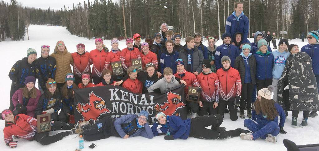 Kenai Peninsula skiers celebrate at the end of the state ski meet Saturday, Feb. 26, 2022, in Fairbanks, Alaska. (Photo provided)