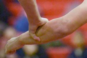 Soldotna's Hudson Metcalf and Kenai Central's John Grossl wrestle at 182 pounds Thursday, Nov. 9, 2017, at Kenai Central High School. Metcalf would pin Grossl. (Photo by Jeff Helminiak/Peninsula Clarion)