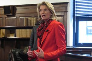 Sen. Lisa Murkowski, R-Alaska, speaks to reporters in the state Capitol on on Feb. 22, 2022, in Juneau, Alaska. President Joe Biden and Senate Democrats say they are hoping for a bipartisan vote to confirm Ketanji Brown Jackson to the Supreme Court. (AP Photo/Becky Bohrer, File)