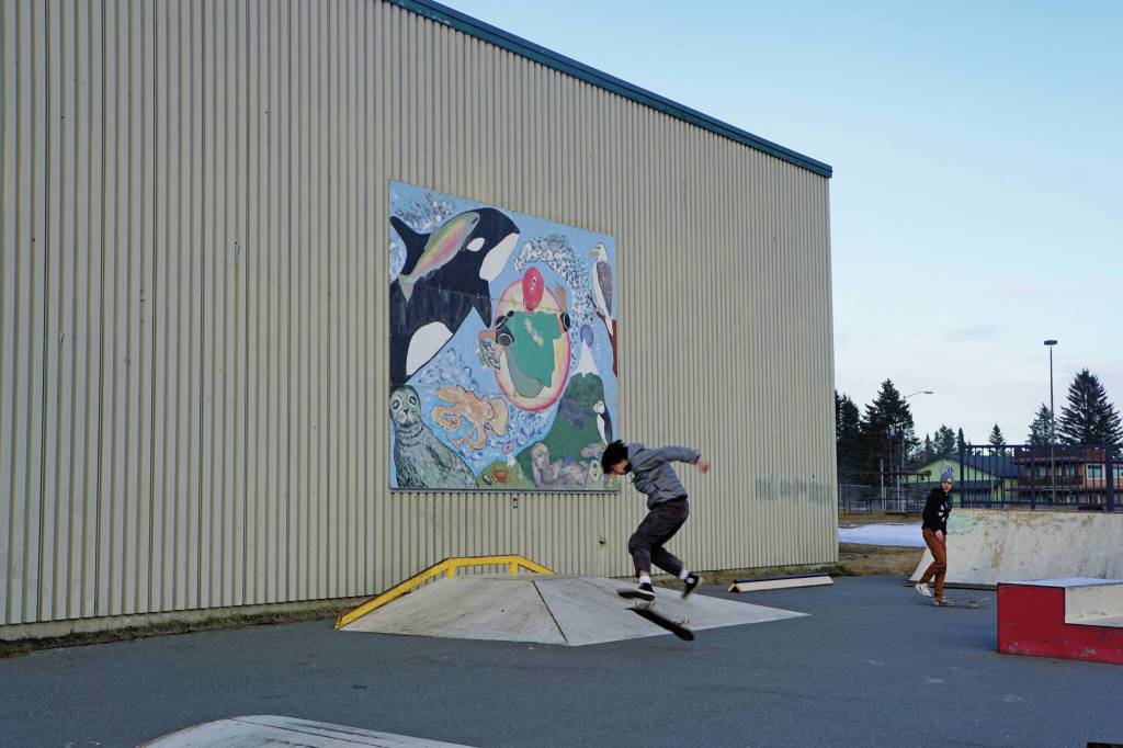 Photo by Michael Armstrong/Homer News
A group of young people try out the thawed skate park on Monday, Feb. 28, at the Homer Education and Recreation Complex in Homer. The Homer City Council met Monday and heard a report by Stantec staff on a proposed design for a new community center to go on the HERC site. The design includes a skate park.