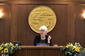 Speaker of the Alaksa House of Representatives Louise Stutes, R-Kodiak, speaks to lawmakers on Jan. 18, 2022. In a statement Wednesday the House Majority Coalition announced a $1,300 boost to this years Permanent Fund Dividend. (Peter Segall / Juneau Empire file)