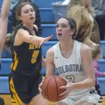 Sewards Hailey Ingalls pressures Soldotnas Katelyn Morrison on Thursday, March 3, 2022, at Soldotna High School in Soldotna, Alaska. (Photo by Jeff Helminiak/Peninsula Clarion)
