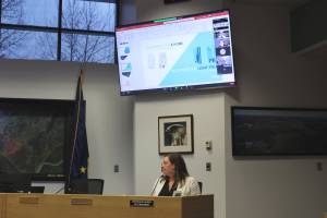 Soldotna City Manager Stephanie Queen listens to a presentation from Alaska Communications during a meeting of the Soldotna City Council on Wednesday, March 9, 2022 in Soldotna, Alaska. (Ashlyn OHara/Peninsula Clarion)