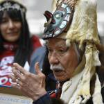 Peter Segall / Juneau Empire
Yéil Yádi Nathan Jackson speaks at a ceremony at the State Office Building on Friday, March 11, 2022. A totem pole originally carved by Jackson in 1980 was reinstalled in the buildings atrium after spending years in storage.