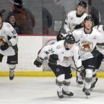 The Kenai River Brown Bears celebrate a goal by Carter Cloutier (21) against the Fairbanks Ice Dogs on Friday, March 11, 2022, at the Soldotna Regional Sports Complex in Soldotna, Alaska. (Photo by Jeff Helminiak/Peninsula Clarion)