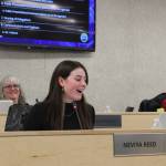 Homer High School student and Kenai Peninsula Borough School District Board of Education Student Representative Neviya Reed speaks during a board meeting on Monday, March 14, 2022 in Soldotna, Alaska. (Ashlyn OHara/Peninsula Clarion)