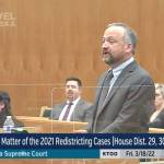 Screenshot
Attorney for the State of Alaska Matthew Singer defends the Alaska Redistricting Board to the Alaska Supreme Court on Friday, March 18, 2022. The Court will return a decision on the states new electoral districts by April 1.