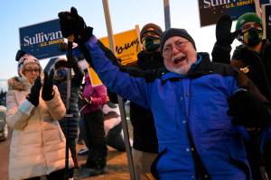 In this Nov. 3, 2020, file photo, Rep. Don Young, R-Alaska, gathers with supporters in Anchorage, Alaska. Young, the longest-serving Republican ever in the U.S. House, died on Friday, March 18, 2022. Republican Nick Begich and Democrat Christopher Constant are running in a special election to finish his term in office. (Marc Lester/Anchorage Daily News via AP, File)