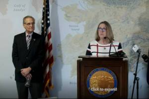 Alaska Division of Elections Director Gail Fenumiai speaks at an Anchorage news conference on Tuesday, March 22, 2022, about the upcoming special election to fill the seat in U.S. House of Representatives vacated following the death of Rep. Don Young last week. (Screenshot)