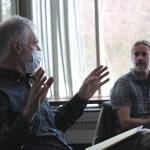 Cooper Landing resident Theo Lexmond (left) speaks during a public engagement event while Kenai Peninsula Borough Land Management Officer Marcus Mueller looks on at the Donald E. Gilman Kenai River Center on Tuesday, March 22, 2022 in Soldotna, Alaska. (Ashlyn OHara/Peninsula Clarion)