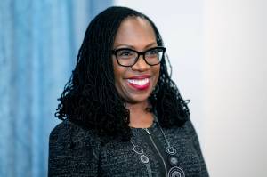 AP Photo/J. Scott Applewhite
Supreme Court nominee Ketanji Brown Jackson smiles during a meeting with Sen. Tammy Baldwin, D-Wis., at the Capitol in Washington, Monday, March 28, 2022. Following Judge Jacksons confirmation hearing last week, the Senate Judiciary Committee meets today to begin moving her nomination to the floor but Republicans on the panel are expected to delay the process.