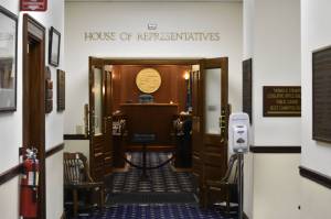 Peter Segall / Juneau Empire
The chamber of the Alaska House of Represenatives was empty on Wednesday after floor sessions in the body were canceled as three Republican lawmakers refuse to comply with masking requirements reinstated amid an outbreak of COVID-19 among House members and their staff.