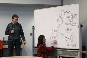 Bruce Vadla, left, and Kaitlin Vadla brainstorm during a community solutions meeting held by Cook Inletkeeper on Thursday, March 31, 2022, in Soldotna, Alaska. (Ashlyn OHara/Peninsula Clarion)