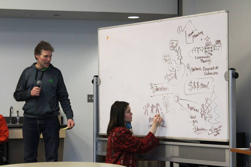 Bruce Vadla, left, and Kaitlin Vadla brainstorm during a community solutions meeting held by Cook Inletkeeper on Thursday, March 31, 2022, in Soldotna, Alaska. (Ashlyn OHara/Peninsula Clarion)