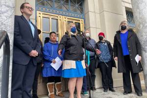 Michael S. Lockett / Juneau Empire
Rep. Geran Tarr, D-Anchorage, center, speaks as state lawmakers and childrens welfare advocates attend a Blue Shirt Day event at the Alaska State Capitol, honoring the beginning of Child Abuse Prevention Month on April 1, 2022.