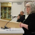 Kenai Peninsula Borough School District Board member Debbie Cary speaks during a meeting of the Kenai Peninsula Borough Assembly on Tuesday, April 5, 2022, in Soldotna, Alaska. Cary also served on the boroughs reapportionment board. (Ashlyn OHara/Peninsula Clarion)