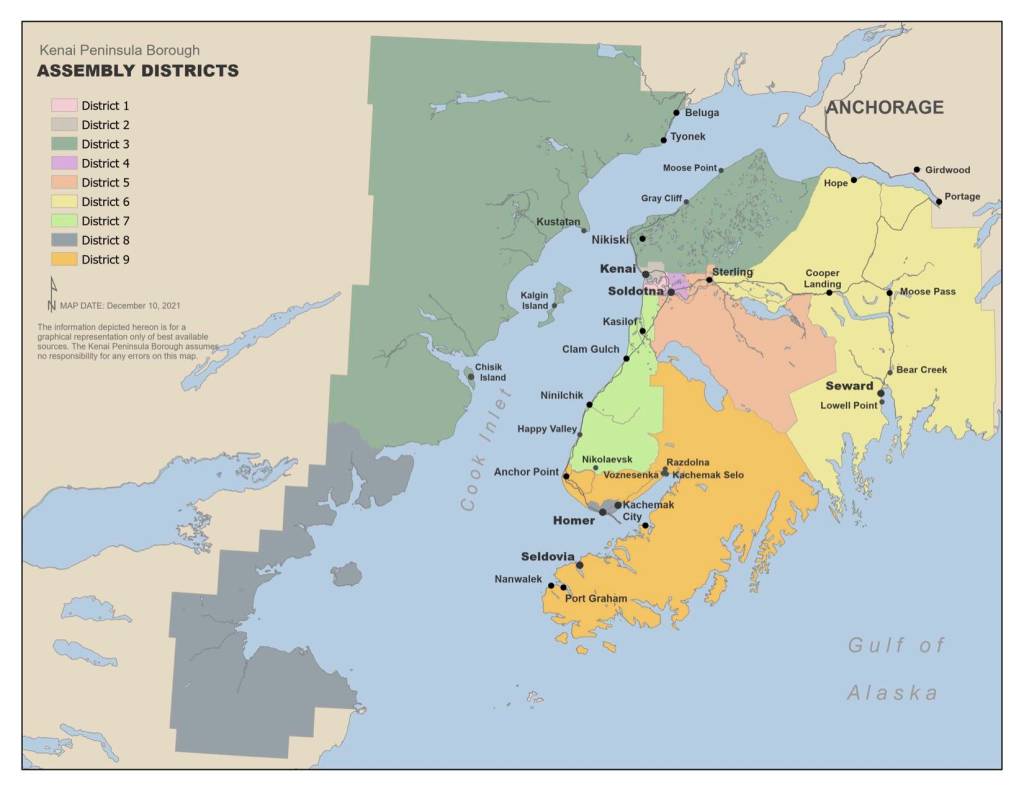 Current Kenai Peninsula Borough Assembly districts. (Map courtesy Kenai Peninsula Borough)