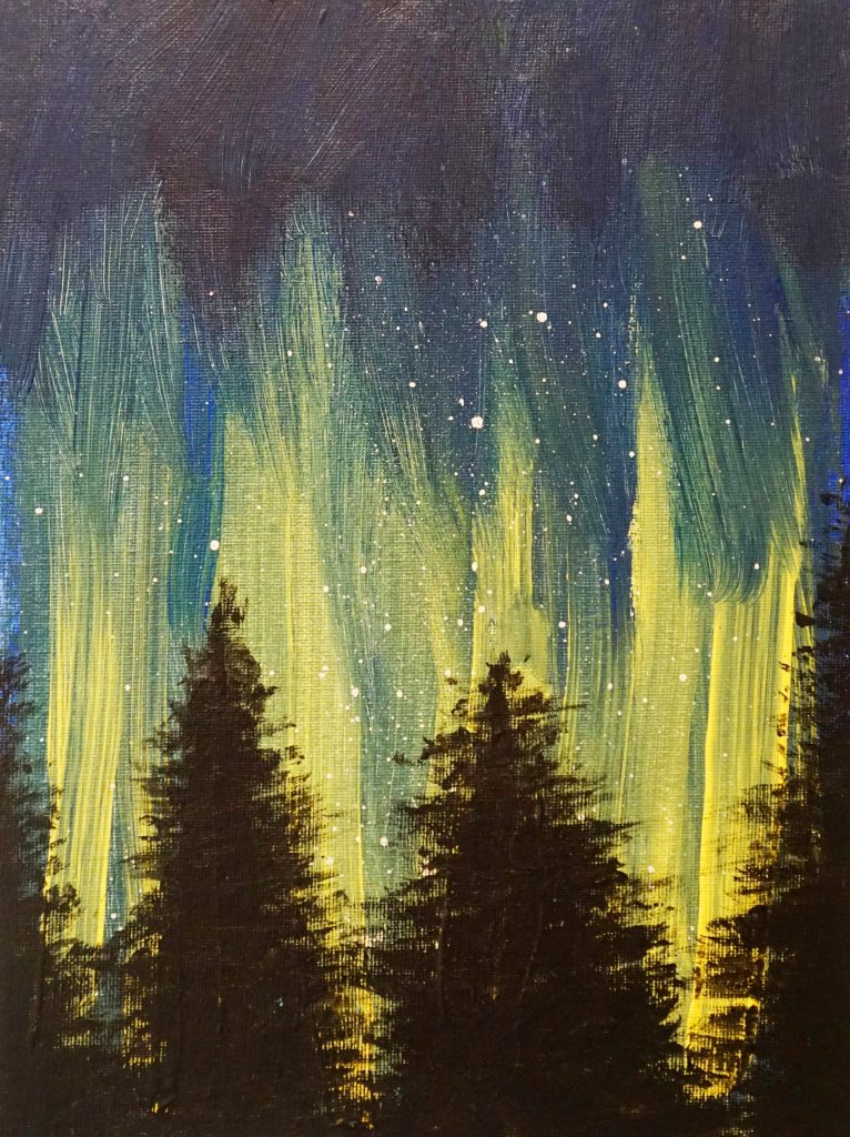 Grade 6 student Pearl Sethis acrylic painting of the northern lights. (Photo by Michael Armstrong/Homer News)