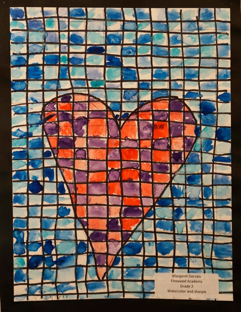 Grade 2 Fireweed Academy student Margaret Gervais watercolor and Sharpie painting. (Photo by Michael Armstrong/Homer News)