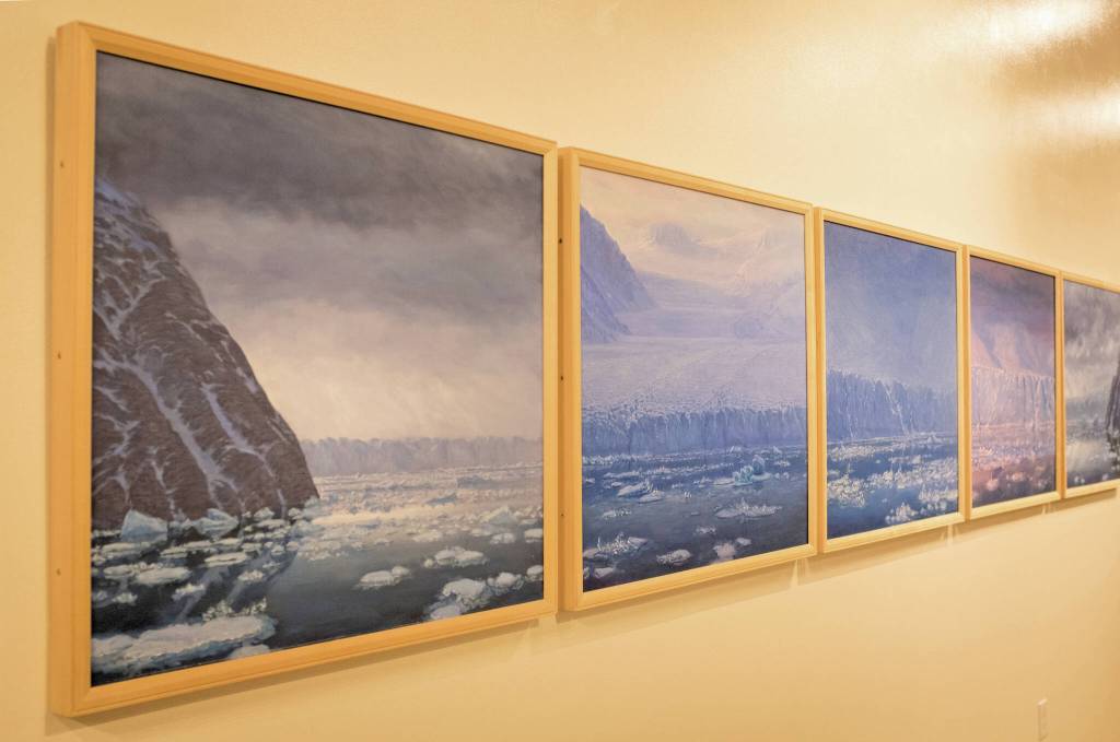 A series of paintings of the Columbia Glacier, which David Rosenthal called the poster child for glaciers and ice retreat. (Photo by Sean McDermott)