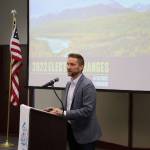 Alaskans for Better Elections Executive Director Jason Grenn presents information about Alaskas news election systems during a joint chamber of commerce luncheon on Wednesday, April 13, 2022 in Kenai, Alaska. (Ashlyn OHara/Peninsula Clarion)