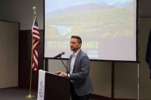 Alaskans for Better Elections Executive Director Jason Grenn presents information about Alaskas news election systems during a joint chamber of commerce luncheon on Wednesday, April 13, 2022 in Kenai, Alaska. (Ashlyn OHara/Peninsula Clarion)