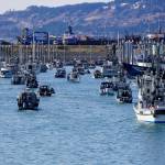 Fishing boats return to the harbor during the 28th annual Homer Winter King Salmon Tournament on Sunday, April 10, 2022, in Kachemak Bay, Homer, Alaska. (Photo by Michael Armstrong/Homer News)