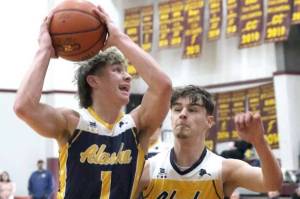 Ninilchik senior Landon Colburn goes to the basket during the Alaska Association of Basketball Coaches 1A/2A boys senior all-star game Saturday, April 16, 2022, at Grace Christian School in Anchorage, Alaska.(Photo by Ron Jones/matsusports.net)