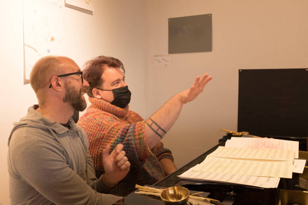Nathan Hall (left) and Jesse Egner (right) play a duet Hall composed that was inspired by dried stalks of cow parsnips at Bunnell Streer Arts Center in Homer, Alaska. (Photo by Sean McDermott)