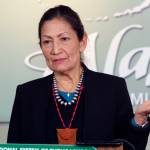 Interior Secretary Deb Haaland gestures while addressing reporters during a news conference Thursday, April 21, 2022, in Anchorage, Alaska. Haaland is in the midst of a visit to the state that included a trip to King Cove, a community at the center of a long-running dispute over a proposed land exchange aimed at building a road through a national wildlife refuge. (AP Photo/Mark Thiessen)