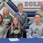 SoHi senior Jordan Strausbaugh signed a National Letter of Intent on Thursday, April 21, 2022, to run long distance at the University of Alaska Anchorage. In front are Jordans mother, Susie; Jordan; and Jordans father, Heath. In back are Jordans grandmother, Tammy; Jordans brother, Jacob; and Jordans grandfather, Kurt. (Photo provided)